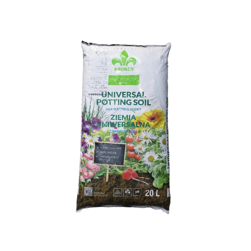تربة زراعة عامة لجميع أنواع النباتات – تركيبة عضوية مغذية مع عامل ترطيب لضمان نمو صحي | KRONEN – سعة 20 لتر