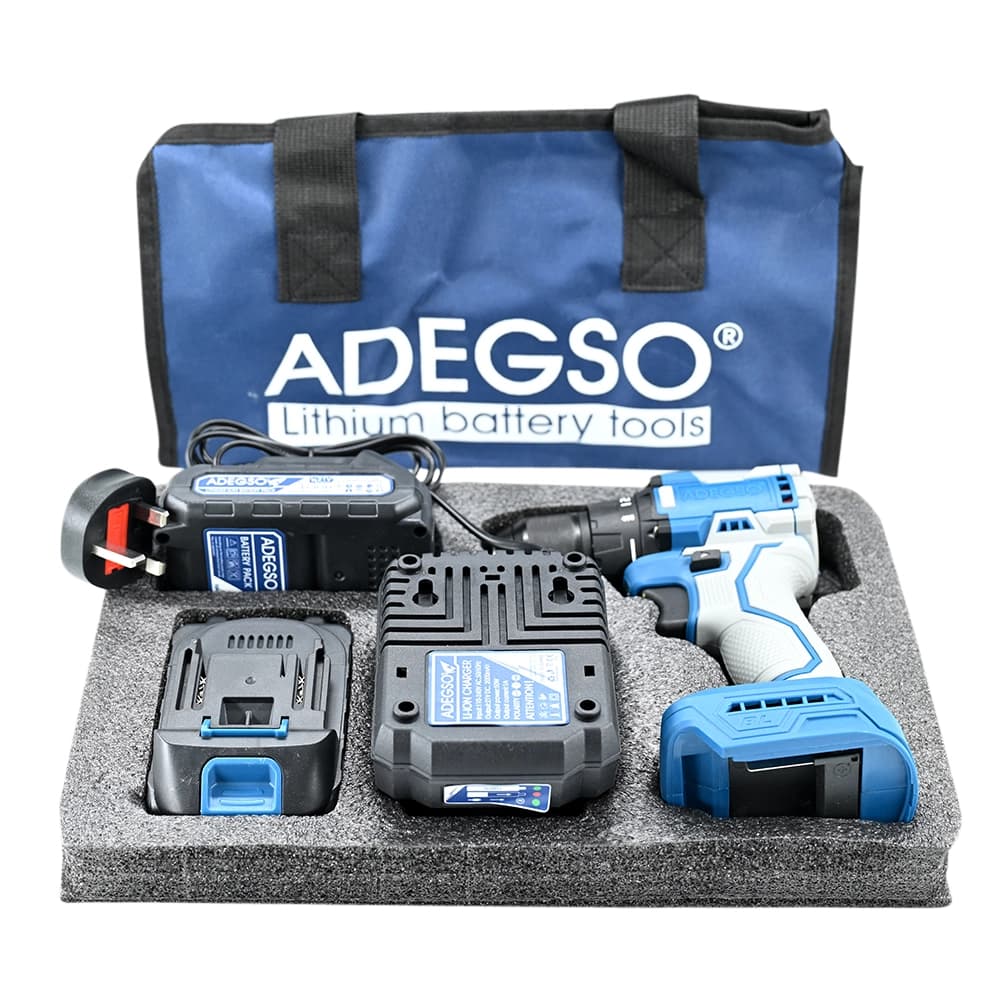 مثقاب احترافي لاسلكي – محرك بدون فُرش (Brushless) – بطارية ليثيوم 21 فولت لأعمال الحفر والربط الثقيلة | ADEGSO + شاحن سريع وبطاريتين