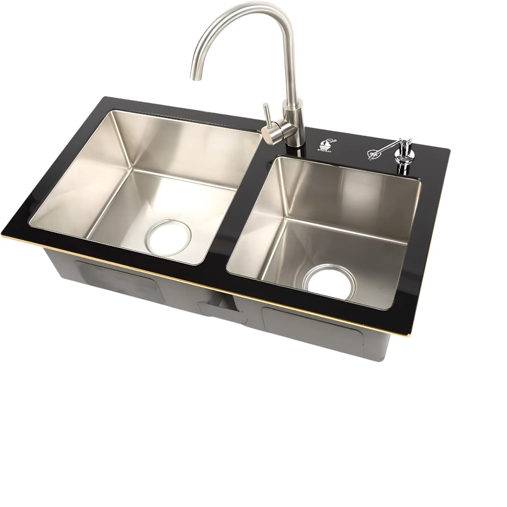 مجلى مطبخ SINDBAD حوضين 84×46 سم، ستانلس ستيل مع سطح زجاجي مقسّى أسود