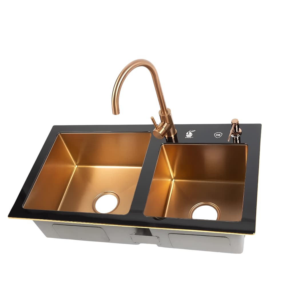 مجلى مطبخ سندباد حوضين ستانلس ستيل ذهبي مع سطح زجاجي مقسّى - 84x46 سم