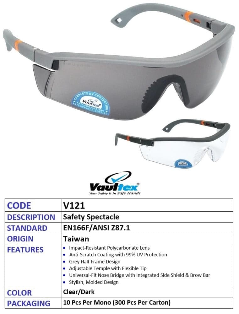 نظارات السلامة Vaultex V121 - عدسات بولي كربونيت مقاومة للصدمات والخدش والضباب - حماية 99% من الأشعة فوق البنفسجية
