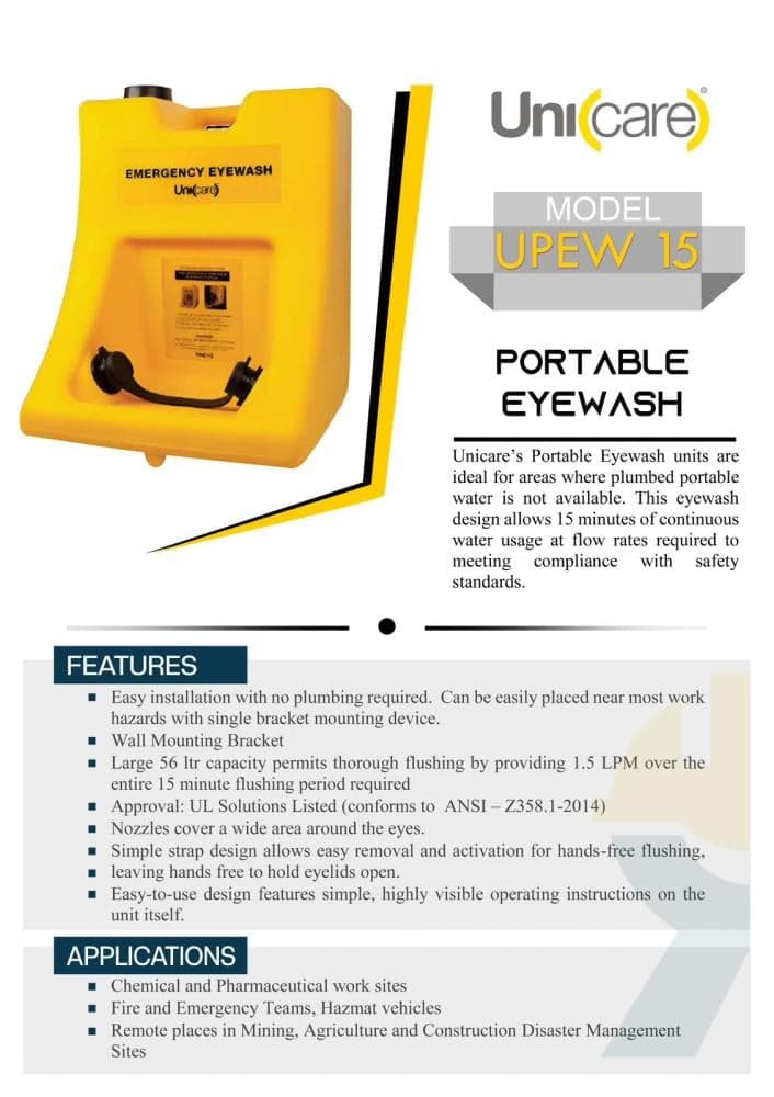 محطة غسيل العيون المحمولة للطوارئ من يونيكير، موديل UPEW 15، سعة 56 لتر، تدفق 15 دقيقة